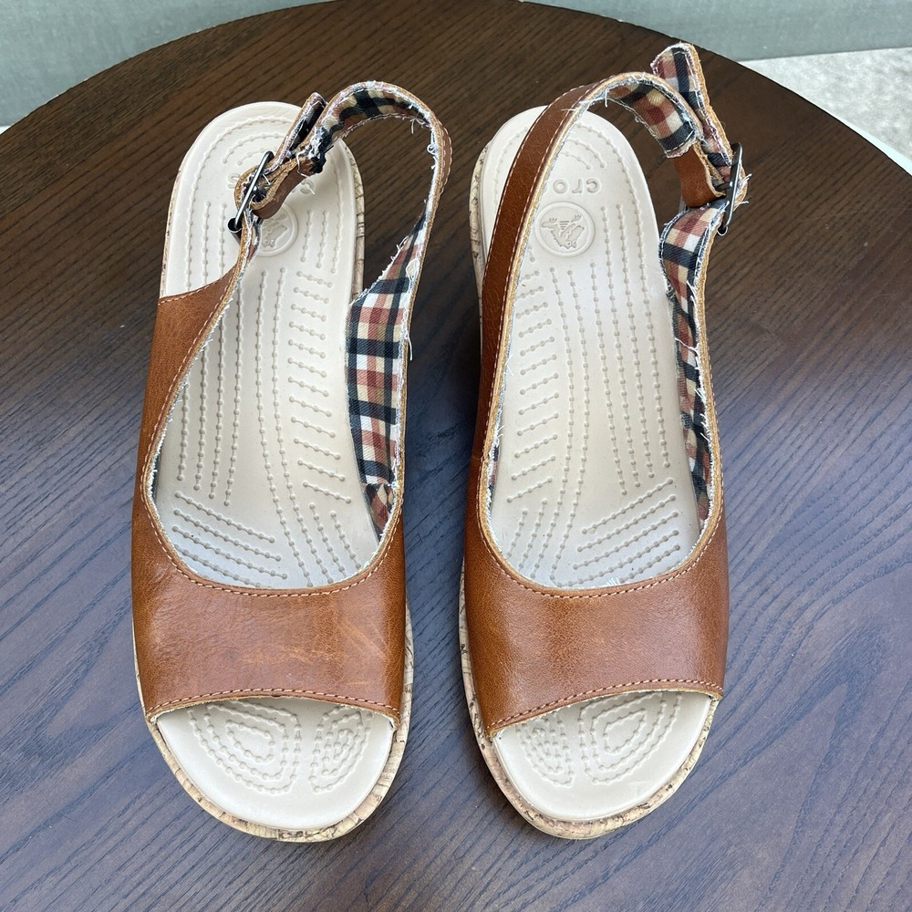 Crocs A Leigh Sandals Women's Size 8 Tan Brown Leather Cork Platform Wedge Shoes - Picture 7 of 16